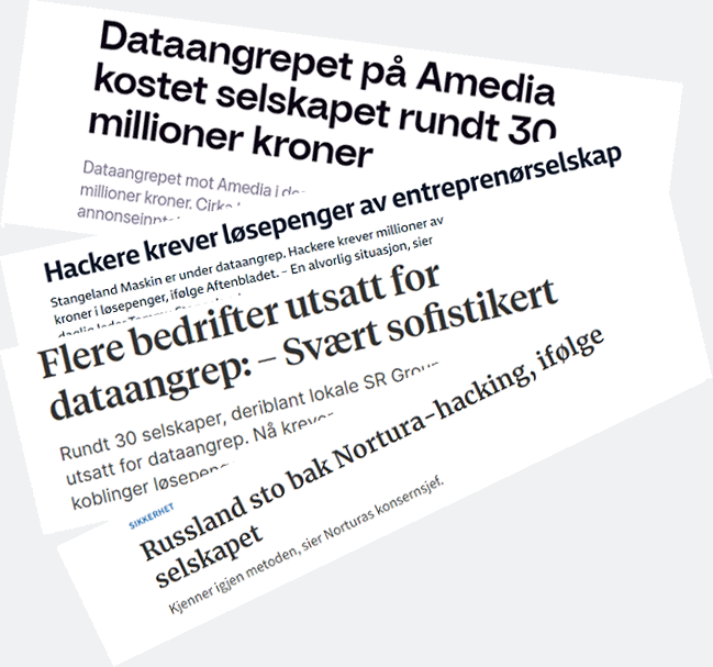 4 avisoverskrifter som alle handler om dataangrep og konsekvenser for store norske virksomheter.